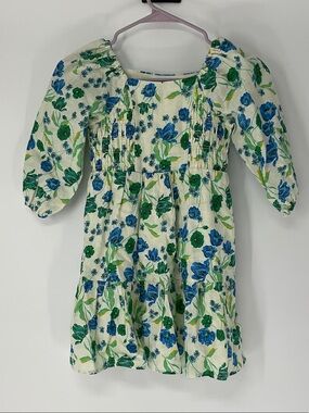 Draper James Girls Blue Green Floral Linen Smocked Puff Sleeve Dress Sz M Kids
